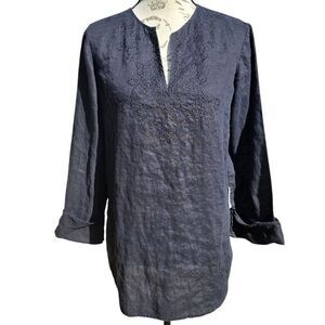 Ralph‎ Lauren 100% Linen Embroidered 3/4 Sleeve Black Tunic Top Medium